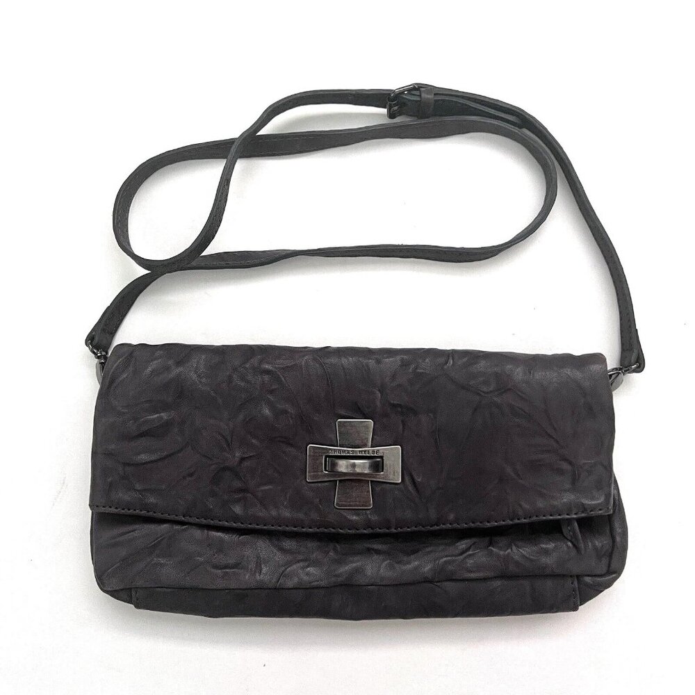 Thomas Wylde Leather Purse Handbag Grey Crinkle Foldover Skull Lining Crossbody